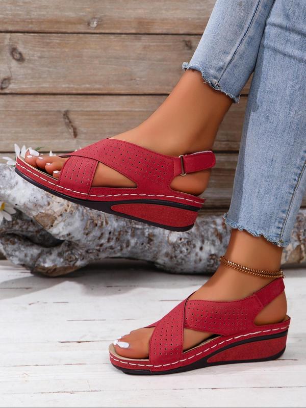 Women's Fashionable Criss Cross Hollow Out Design Sandals, Casual Comfortable Breathable Velcro Sandals for Summer, Solid Color Wedge Open Toe Sandals