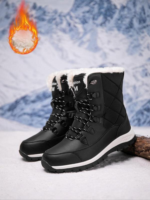 Men's Fashionable Quilted Letter Pattern Lace Up Snow Boots, Casual Warm Boots for Winter, Male All-match Outdoor Boots for Daily Wear