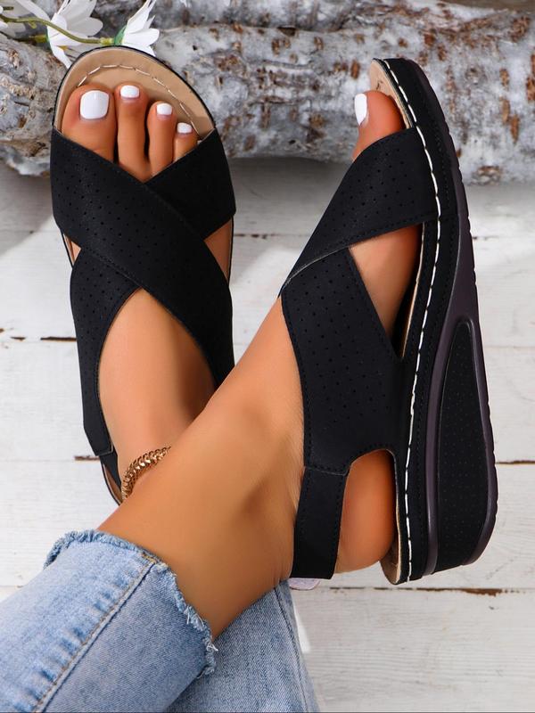 Women's Fashionable Criss Cross Hollow Out Design Sandals, Casual Comfortable Breathable Velcro Sandals for Summer, Solid Color Wedge Open Toe Sandals