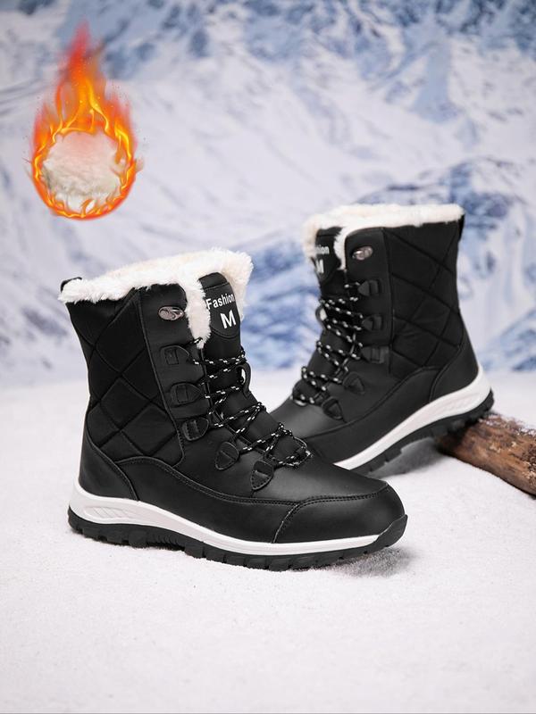 Men's Fashionable Quilted Letter Pattern Lace Up Snow Boots, Casual Warm Boots for Winter, Male All-match Outdoor Boots for Daily Wear