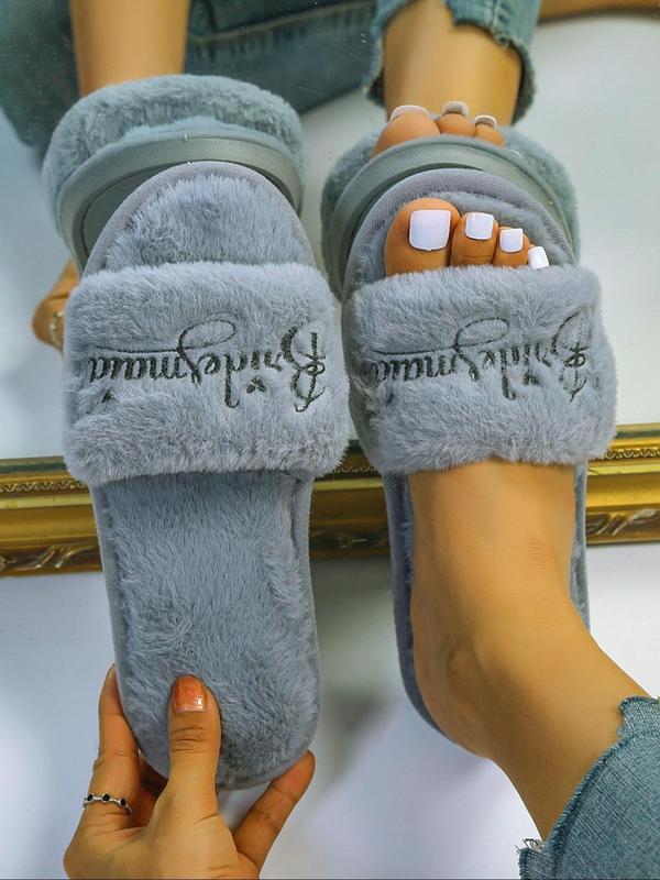 Women's 1 Pair Letter Embroidered Fluffy Plush House Slippers, Soft Comfy Trendy Fuzzy Home Slippers, Versatile Warm Winter Shoes for Home for Fall & Winter, Slide Shoes, Girls Footwear