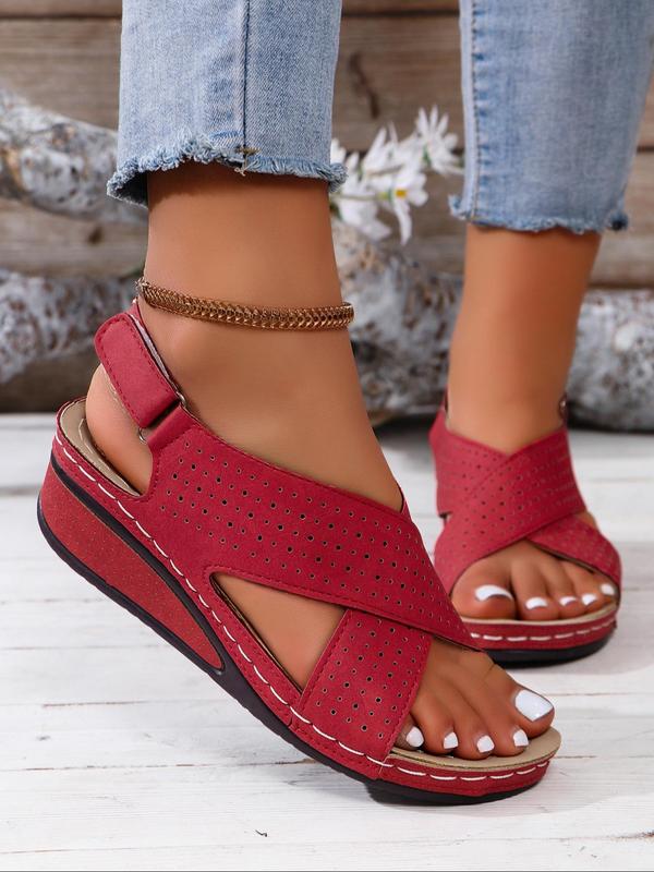 Women's Fashionable Criss Cross Hollow Out Design Sandals, Casual Comfortable Breathable Velcro Sandals for Summer, Solid Color Wedge Open Toe Sandals