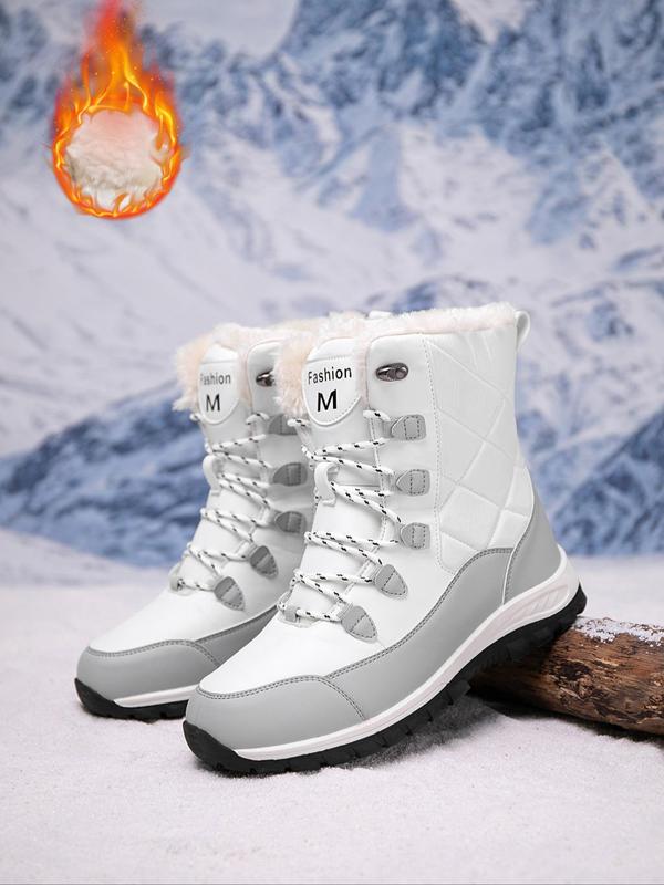 Men's Fashionable Quilted Letter Pattern Lace Up Snow Boots, Casual Warm Boots for Winter, Male All-match Outdoor Boots for Daily Wear