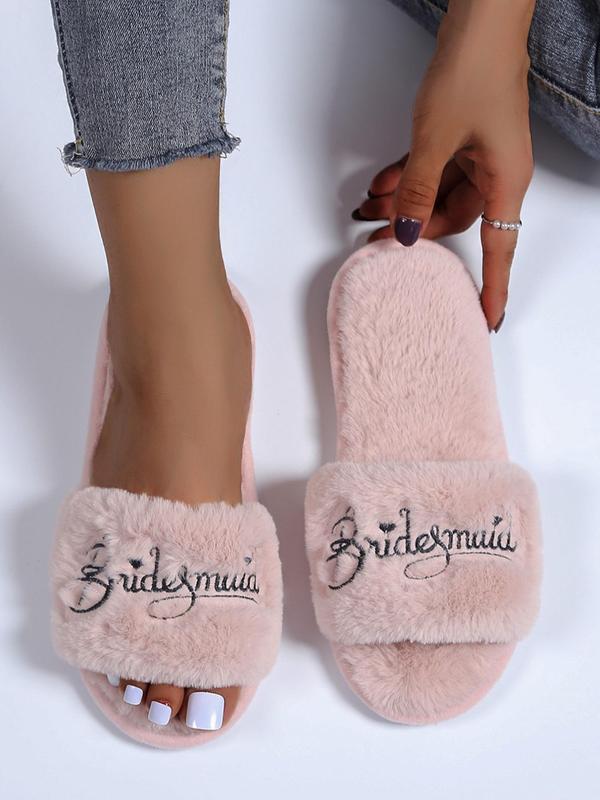 Women's 1 Pair Letter Embroidered Fluffy Plush House Slippers, Soft Comfy Trendy Fuzzy Home Slippers, Versatile Warm Winter Shoes for Home for Fall & Winter, Slide Shoes, Girls Footwear