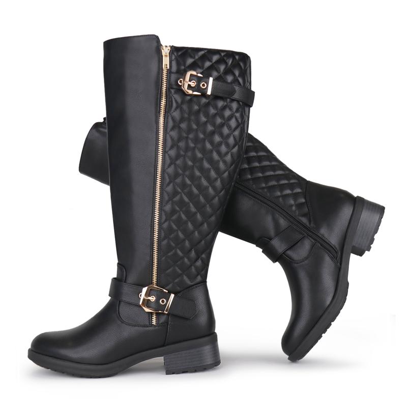 Women's Extra Wide Calf Knee High Riding Boots Retro Double Buckle Chic Style Fall Boots