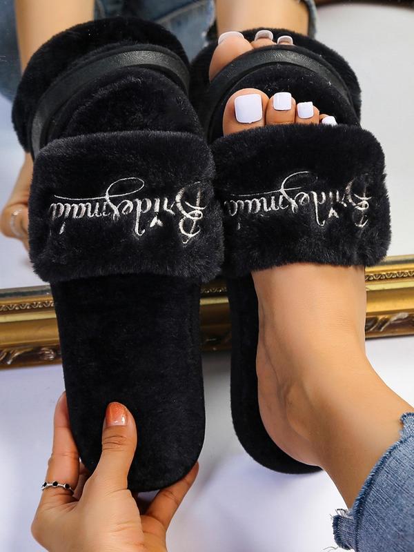 Women's 1 Pair Letter Embroidered Fluffy Plush House Slippers, Soft Comfy Trendy Fuzzy Home Slippers, Versatile Warm Winter Shoes for Home for Fall & Winter, Slide Shoes, Girls Footwear