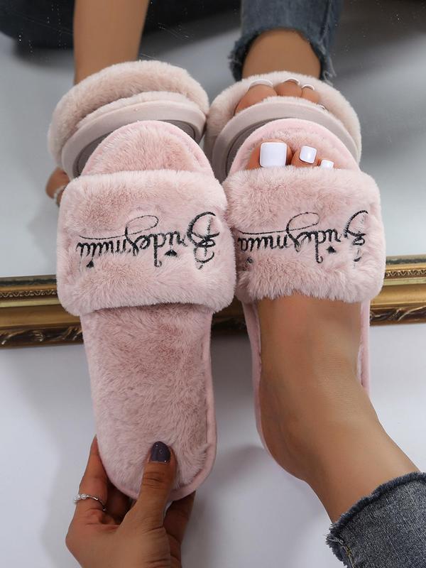 Women's 1 Pair Letter Embroidered Fluffy Plush House Slippers, Soft Comfy Trendy Fuzzy Home Slippers, Versatile Warm Winter Shoes for Home for Fall & Winter, Slide Shoes, Girls Footwear