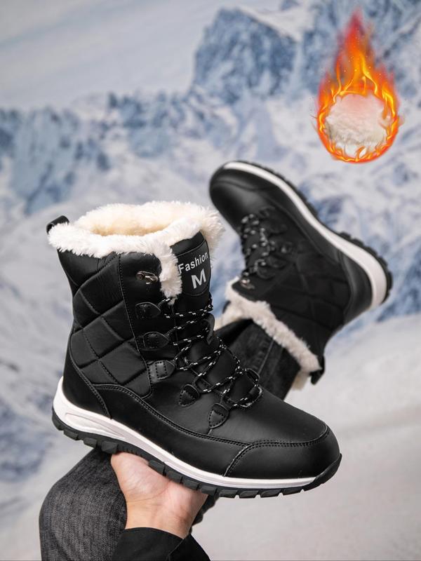 Men's Fashionable Quilted Letter Pattern Lace Up Snow Boots, Casual Warm Boots for Winter, Male All-match Outdoor Boots for Daily Wear