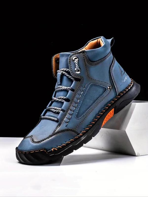 Men's Fashionable Patchwork Design Lace Up Ankle Boots, Casual Comfortable Breathable Non-slip Boots for Outdoor Activities, Durable PU Leather Shoes for Fall & Winter