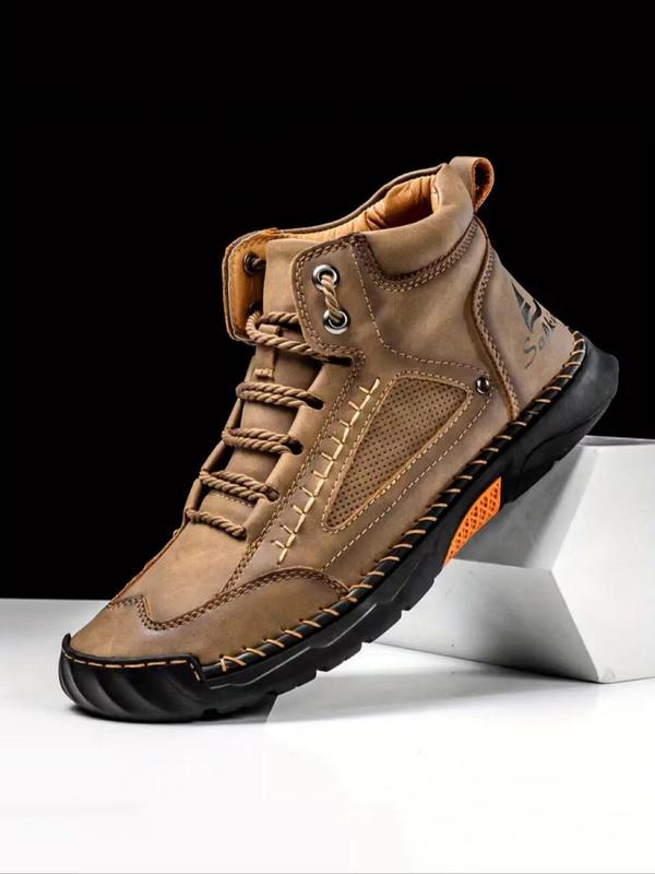 Men's Fashionable Patchwork Design Lace Up Ankle Boots, Casual Comfortable Breathable Non-slip Boots for Outdoor Activities, Durable PU Leather Shoes for Fall & Winter