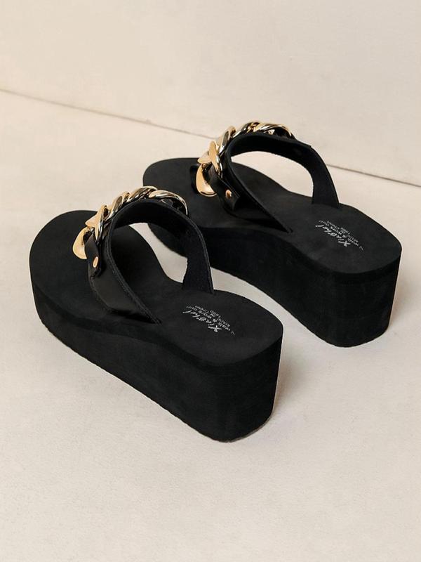 Women's Fashion Chain Decorated Wedge Slippers, Summer 2024 Casual Vacation Style Slippers, Fashion Leisure Flip-flops for Daily Wear