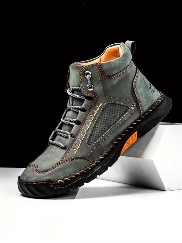 Men's Fashionable Patchwork Design Lace Up Ankle Boots, Casual Comfortable Breathable Non-slip Boots for Outdoor Activities, Durable PU Leather Shoes for Fall & Winter