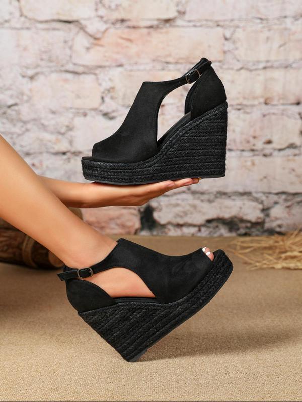 Espadrille Peep Toe Wedge Sandals, Casual Hollow Out Buckle Decor Flatform Walking Shoes for Back To School, Beach Party Vacation, Fashion Sandals for Women for Party, Footwear, Fall Outfits, Fall Freshness, for Fall, Vacation Outfits