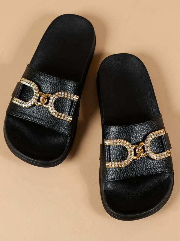 Women's Summer 2024 Fashion Rhinestone Decorated Slides for Beach Holiday Vacation, Casual Comfortable Slide Sandals for Indoor Outdoor Wear, Wide Lychee Texture Band House Slippers