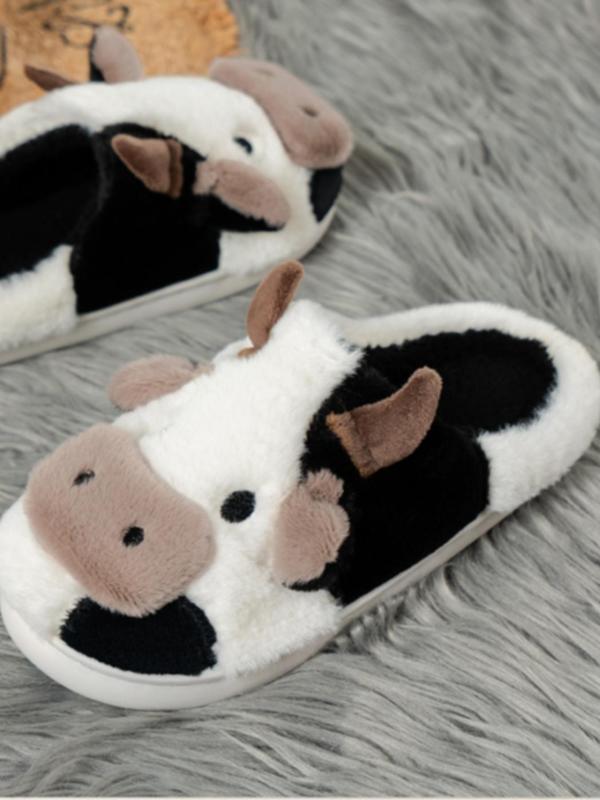 Women's Cute Cow Design Plush Slippers, Casual Soft Comfortable Home Slippers, Warm Slippers for Indoor & Outdoor Use for Fall & Winter