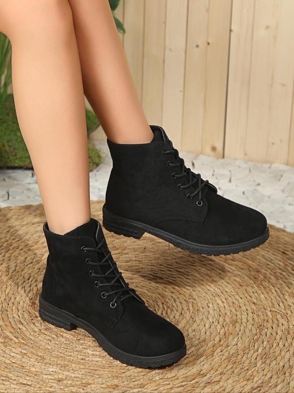 Women's Fashionable Solid Color Lace Up Ankle Boots, Casual Comfortable Round Toe Boots for Daily Wear, Female All-match Trend Shoes for Fall & Winter