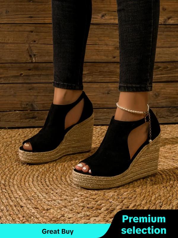 Espadrille Peep Toe Wedge Sandals, Casual Hollow Out Buckle Decor Flatform Walking Shoes for Back To School, Beach Party Vacation, Fashion Sandals for Women for Party, Footwear, Fall Outfits, Fall Freshness, for Fall, Vacation Outfits