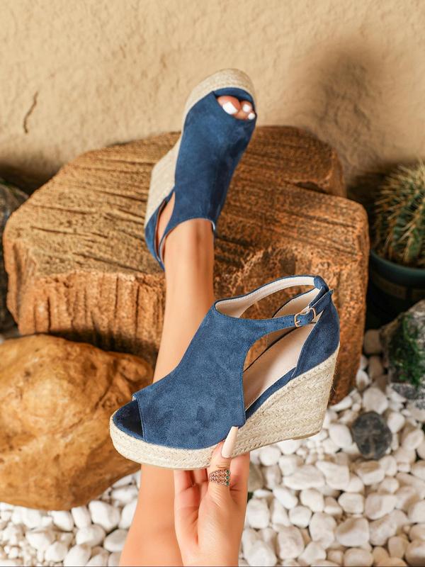 Espadrille Peep Toe Wedge Sandals, Casual Hollow Out Buckle Decor Flatform Walking Shoes for Back To School, Beach Party Vacation, Fashion Sandals for Women for Party, Footwear, Fall Outfits, Fall Freshness, for Fall, Vacation Outfits