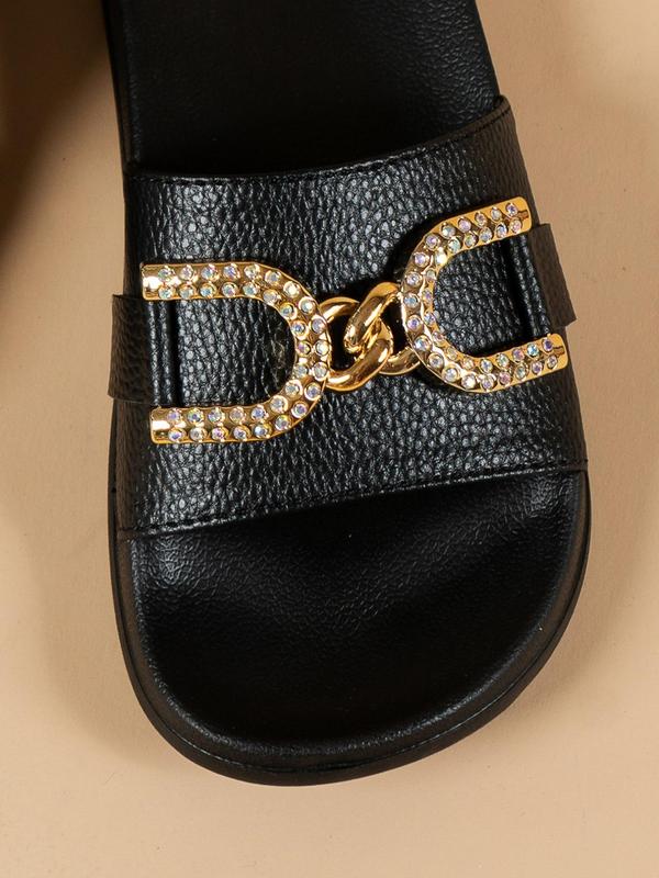 Women's Summer 2024 Fashion Rhinestone Decorated Slides for Beach Holiday Vacation, Casual Comfortable Slide Sandals for Indoor Outdoor Wear, Wide Lychee Texture Band House Slippers