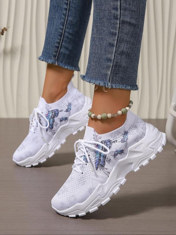 Women's Fashionable Butterfly Print Lace Up Low Top Sneakers, Casual Comfortable Breathable Sports Running Shoes, All-match Basic Shoes for Daily Wear