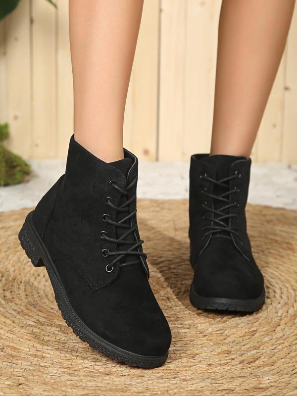 Women's Fashionable Solid Color Lace Up Ankle Boots, Casual Comfortable Round Toe Boots for Daily Wear, Female All-match Trend Shoes for Fall & Winter