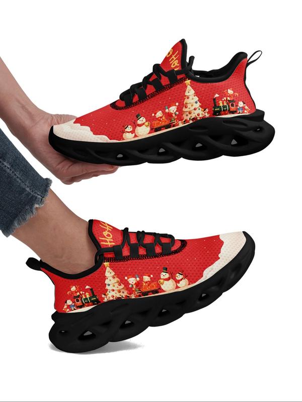 Women's Christmas Gnome Print Lace Up Low Top Sneakers, Casual Comfortable Breathable Sports Running Shoes, Female All-match Round Toe Shoes for Daily Wear