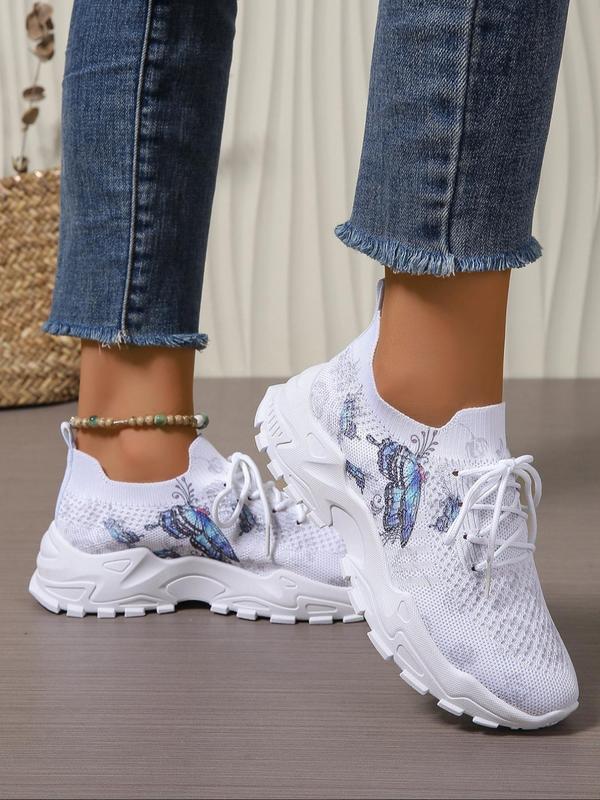 Women's Fashionable Butterfly Print Lace Up Low Top Sneakers, Casual Comfortable Breathable Sports Running Shoes, All-match Basic Shoes for Daily Wear