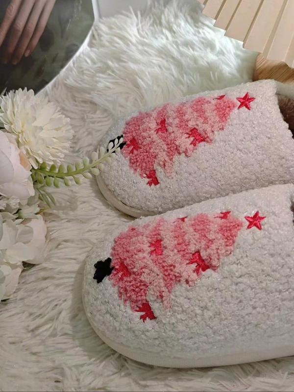 Women's Cute Cartoon Christmas Tree Design Plush Slippers, Casual Soft Comfortable Home Slippers, Warm Slippers for Indoor & Outdoor Use for Fall & Winter