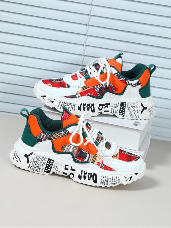 Boho Men's Fashionable Colorblock Letter Print Lace Up Low Top Sneakers, Casual Comfortable Breathable Sports Running Shoes, Male All-match Round Toe Chunky Sneakers for Daily Life