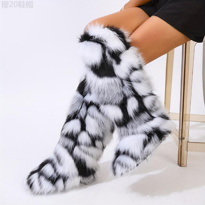 Women's Faux Fur Knee-High Boots - Young women, casual fashion enthusiasts, winter season - PVC, Solid color, Slip-on, Casual, Flat Heel, Round toe, Winter, European American, Flannel, Superfine Fiber - Suitable for Casual, Winter, Hand Was Girl  Shoe