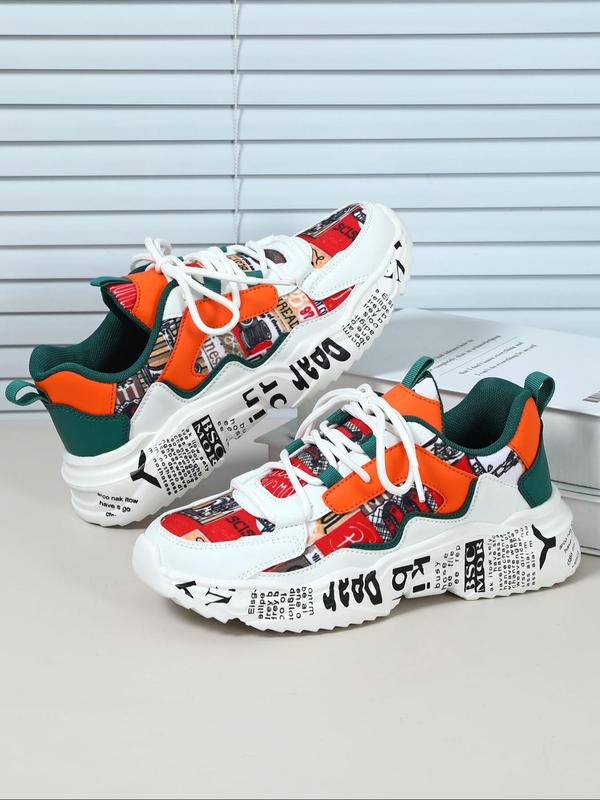 Boho Men's Fashionable Colorblock Letter Print Lace Up Low Top Sneakers, Casual Comfortable Breathable Sports Running Shoes, Male All-match Round Toe Chunky Sneakers for Daily Life