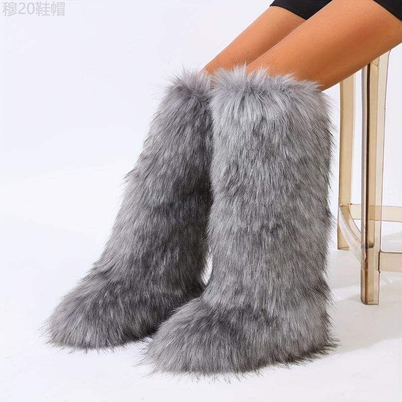 Women's Faux Fur Knee-High Boots - Young women, casual fashion enthusiasts, winter season - PVC, Solid color, Slip-on, Casual, Flat Heel, Round toe, Winter, European American, Flannel, Superfine Fiber - Suitable for Casual, Winter, Hand Was Girl  Shoe