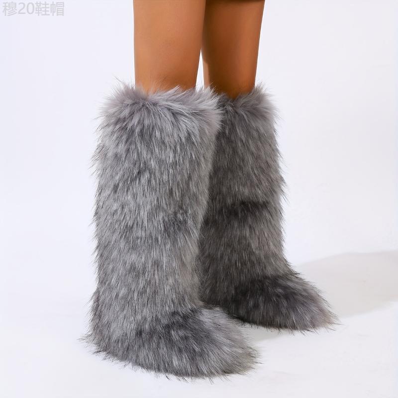 Women's Faux Fur Knee-High Boots - Young women, casual fashion enthusiasts, winter season - PVC, Solid color, Slip-on, Casual, Flat Heel, Round toe, Winter, European American, Flannel, Superfine Fiber - Suitable for Casual, Winter, Hand Was Girl  Shoe