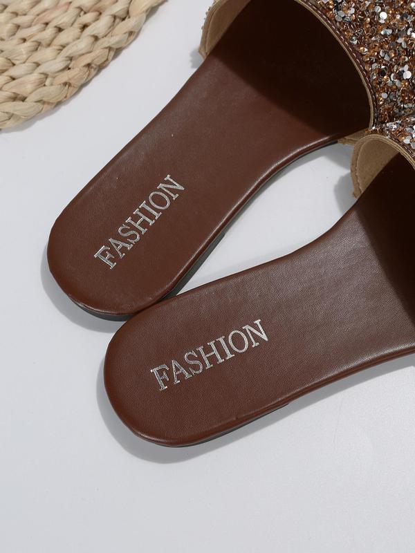 Women's Fashionable Sequins Decorated Flat Sandals, Casual Vacation Beach Sandals for Indoor and Outdoor Wear, Summer Outdoor Slip on Sandals