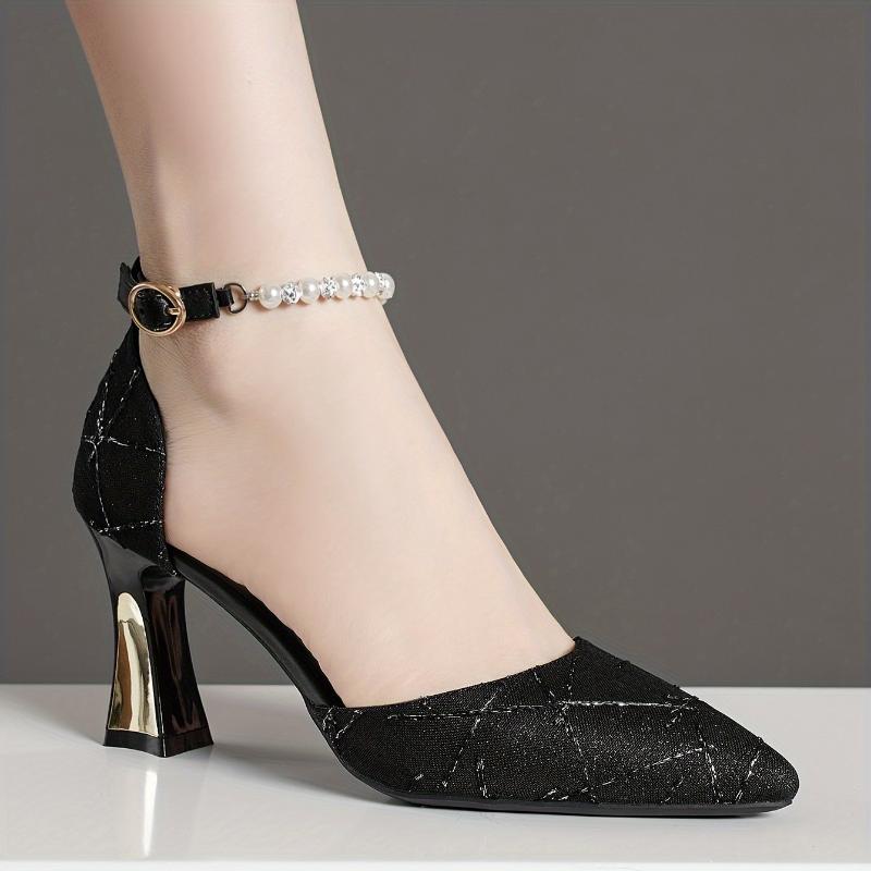 Chic Womens Faux Pearl Embellished High Heels - Glamorous Dress Pumps with Pointed Toe and Comfortable Buckle Strap Heels for Alluring Style