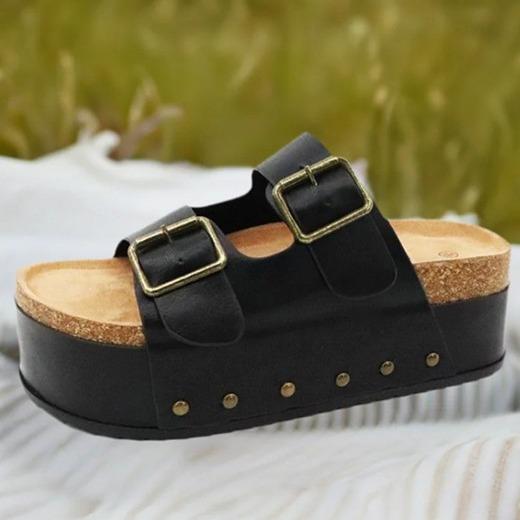 Bamboo Thick Bottom Cork Sole Double Buckle Platform Sandals Boho Shoe Footwear Summer Casual Women