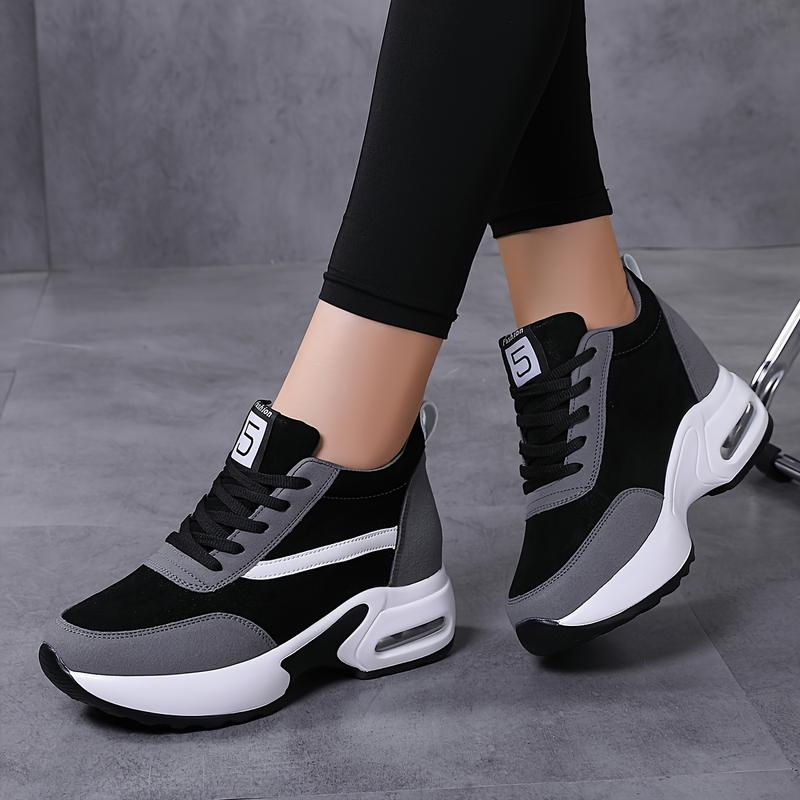 Air Cushion Women's Chunky Sneakers With Lace-up Front, Hidden Heel Fashion Platform For Outdoor Walking