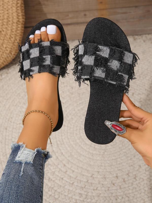 Fashion Plaid Print Slide Sandals for Women, Girls Birthday Gift, 2024 New Style Casual Comfortable Home Slippers for Summer, Outdoor Beach & Back To School Footwear