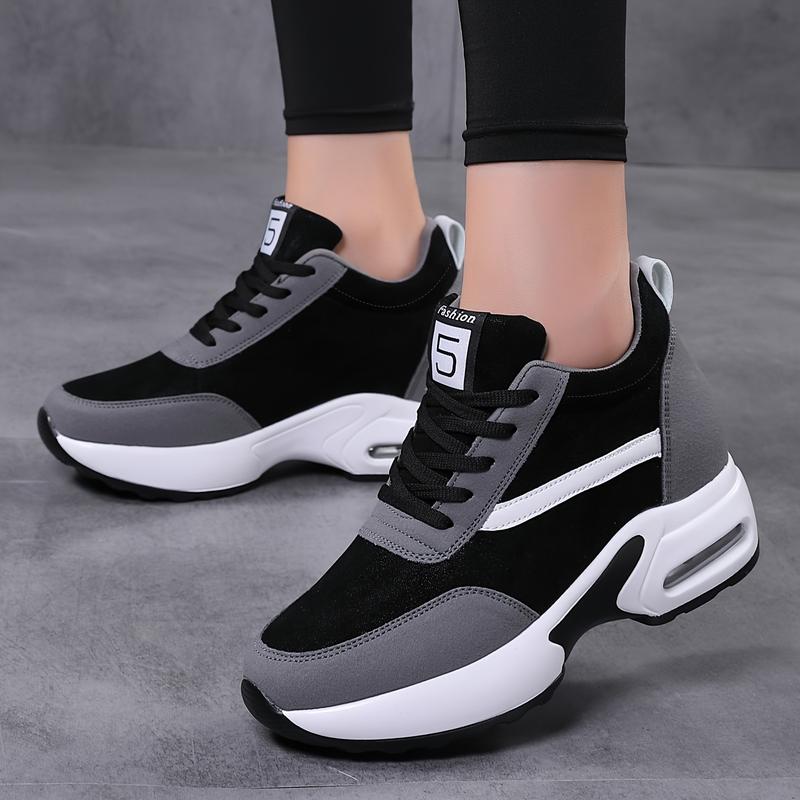 Air Cushion Women's Chunky Sneakers With Lace-up Front, Hidden Heel Fashion Platform For Outdoor Walking