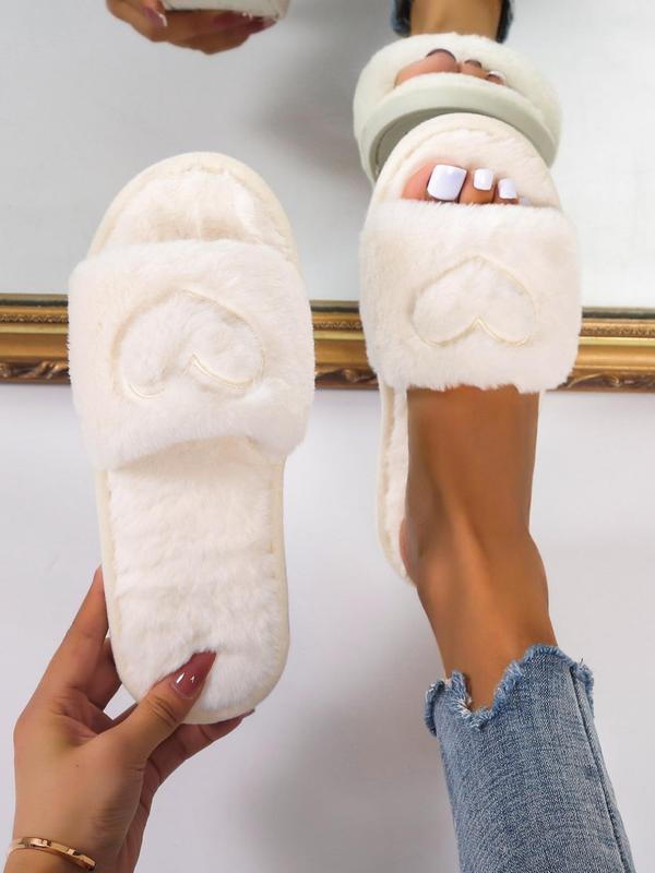 Heart Embroidered Fluffy Slippers, Soft Plush Lining Bedroom Slippers, Comfort Wide Band Cute Warm Footwear Slippers for Fall & Winter for Back To School Gifts, Fall Outfits, Fall Freshness Fall Indoor Slippers