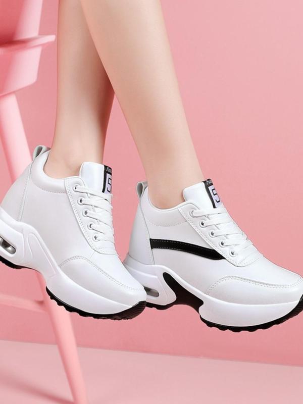 Women's Fashionable Letter Patch Lace up Front Sneakers, Casual Comfortable Breathable Low Top Shoes, Female All-match Round Toe Wedge Sneakers for Daily Life