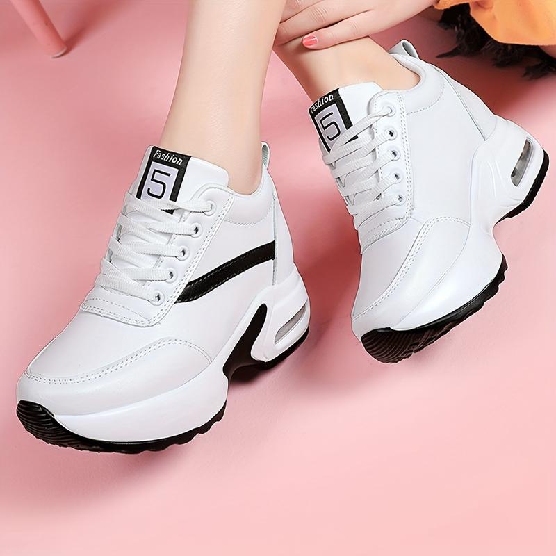 Air Cushion Women's Chunky Sneakers With Lace-up Front, Hidden Heel Fashion Platform For Outdoor Walking