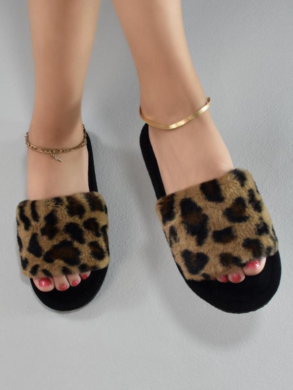 Women's Street Style Leopard Bedroom Slippers, Simple House Slippers with Open Toe Design, Casual Trendy Fluffy Fuzzy Slippers for Indoor for Fall & Winter, Fall Outfits, Earthtone Fall Freshness, Birthday Gifts