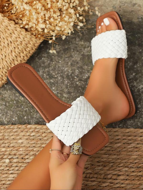 Women's Fashionable Solid Color Braided Flat Sandals, Casual Versatile  Square Toe Slide Sandals for Summer Beach Vacation, All-match Commuter Shoes for Work & Daily Wear