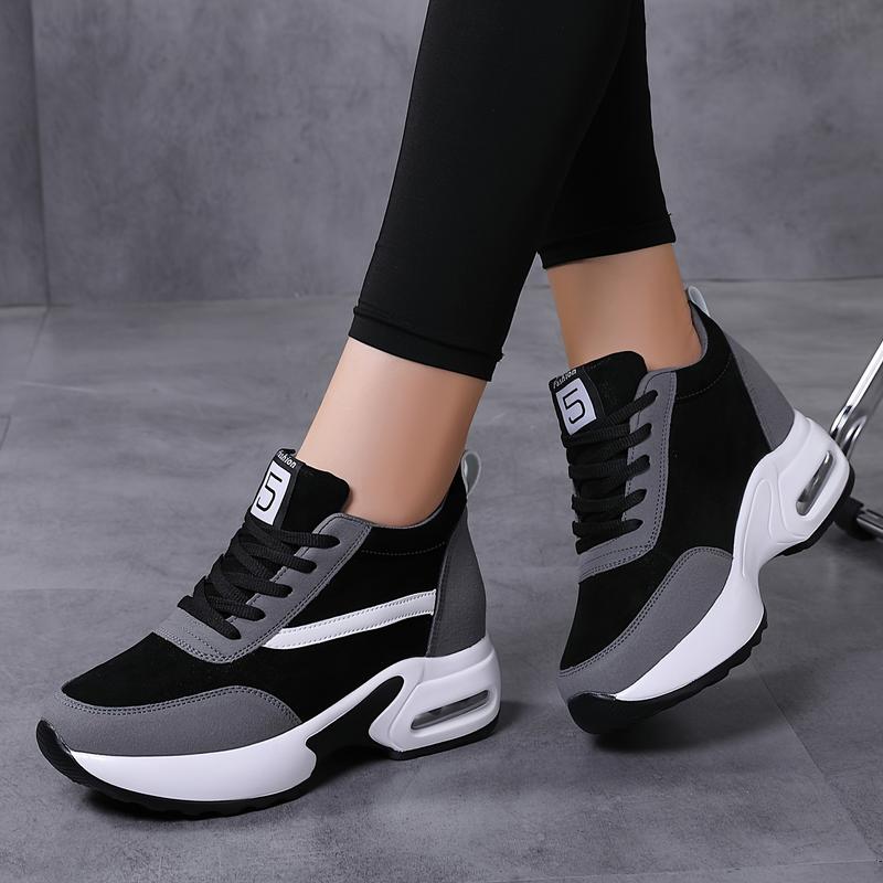 Air Cushion Women's Chunky Sneakers With Lace-up Front, Hidden Heel Fashion Platform For Outdoor Walking