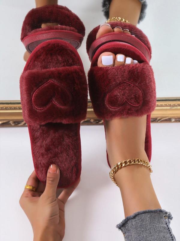 Heart Embroidered Fluffy Slippers, Soft Plush Lining Bedroom Slippers, Comfort Wide Band Cute Warm Footwear Slippers for Fall & Winter for Back To School Gifts, Fall Outfits, Fall Freshness Fall Indoor Slippers