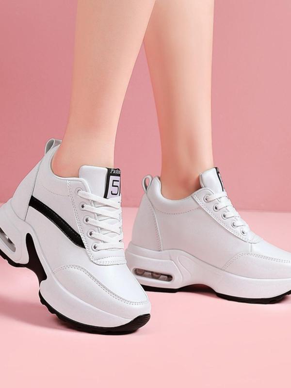 Women's Fashionable Letter Patch Lace up Front Sneakers, Casual Comfortable Breathable Low Top Shoes, Female All-match Round Toe Wedge Sneakers for Daily Life