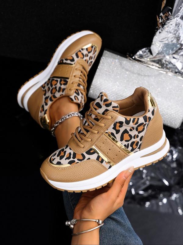 Women's Fashion Leopard Print Lace Up Platform Sneakers, Casual Comfortable Round Toe Sports Shoes for Daily Wear, Female All-match Shoes for Fall & Winter