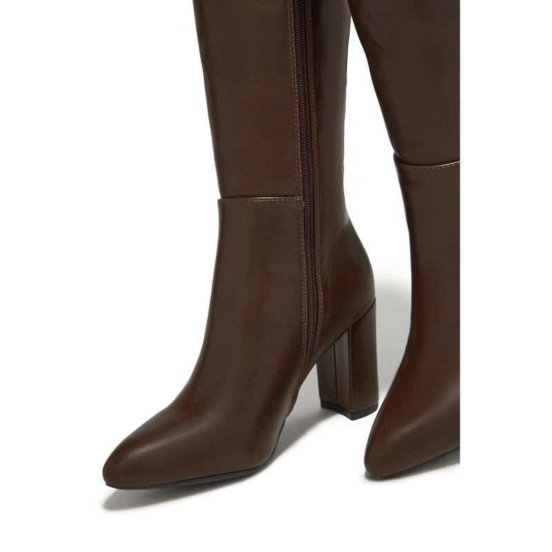 Fine Time Block Heel Knee High Boots - Brown