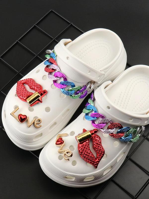 6pcs set Women's 2024 Street Trend Clogs Charms, Trendy Novelty Chain & Lipstick Shoes Decorations, Shiny Shoes Charms for Clogs DIY As Birthday Gift